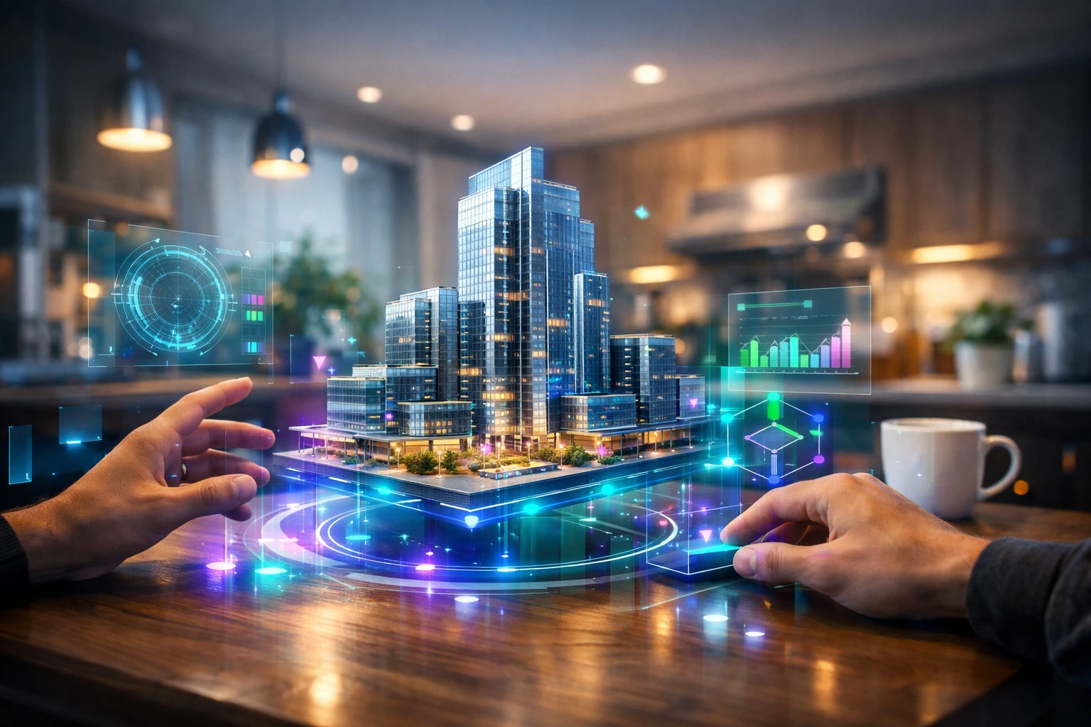 Liitreaalsus – virtuaalsed objektid pärismaailmas. Liitreaalsus igapäevaelus – inimene kasutab AR-tehnoloogiat kodus ehitusprojekti planeerimiseks, virtuaalne hoone kuvatakse reaalse köögilaua peale.