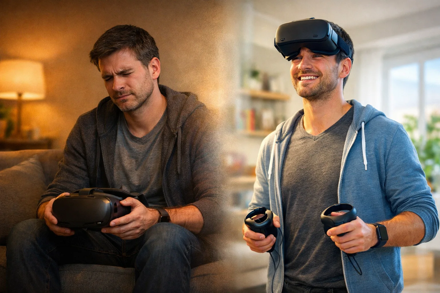 VR iiveldus enne ja pärast – vasakul ebamugav inimene VR-prillid süles, 
    paremal sama inimene enesekindlalt VR-prille kandes, iiveldusest ülesaamine.