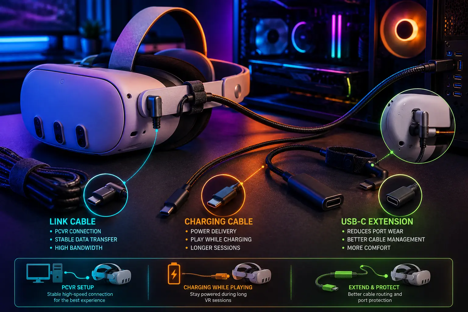 VR headset link cable’i, USB-C pikenduse ja charging cable’iga PCVR setupis, mis näitab erinevaid VR kaablilahendusi laadimiseks ja stabiilseks ühenduseks.